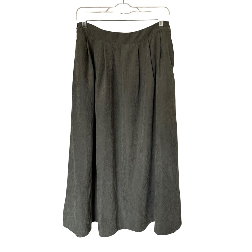Qianzhidu Midi Skirt Womens Large Olive Green Excellent Pleated Pocket Crinkle